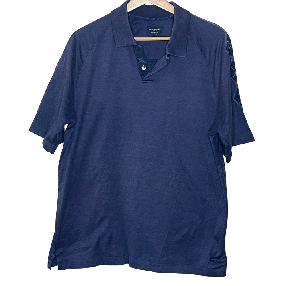 Burberry Golf Mens Navy Blue Argyle Shoulder Polo Shirt Made in Italy Size L‎